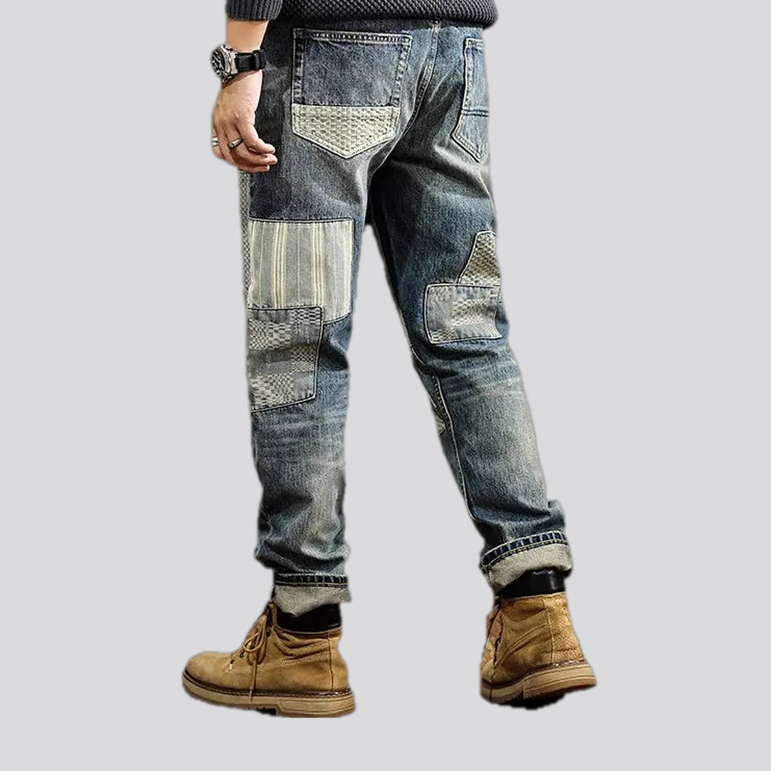 Checkerboard striped loose jeans for men